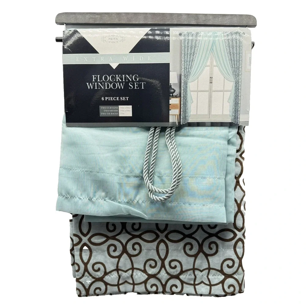 Curtain Panels & Sheers Set 2 Panels Sheers Tie Backs Spa Blue Chocolate Scroll